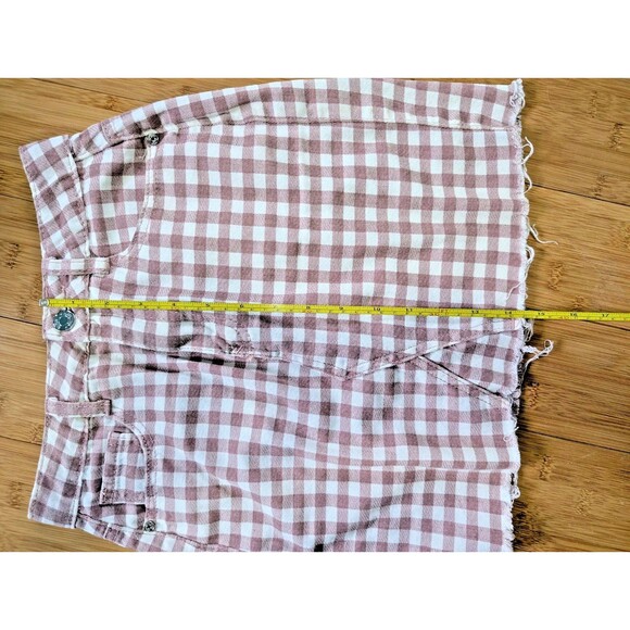 Missguided Sz 2 Pink White Gingham Denim Mini Skirt Distressed Y2K Stretch 24" - Picture 7 of 8